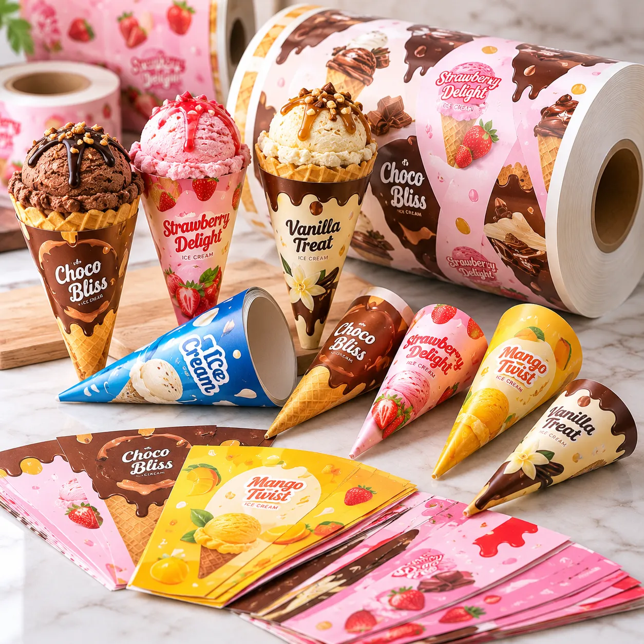 Laminated ice cream cone sleeves Laminated ice cream cone sleeves